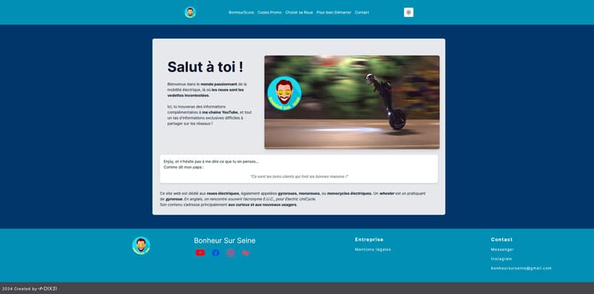 Capture d'écran du site web Bonheur Sur Seine montrant la page d'accueil avec une personne sur une gyroroue