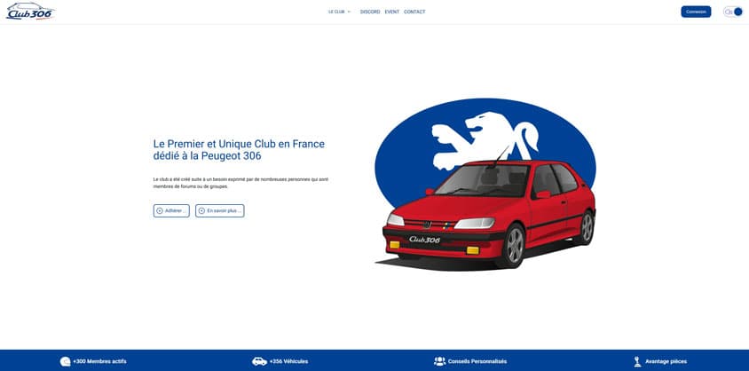 Capture d'écran du site web Club 306 montrant la page d'accueil avec une Peugeot 306 en arrière-plan